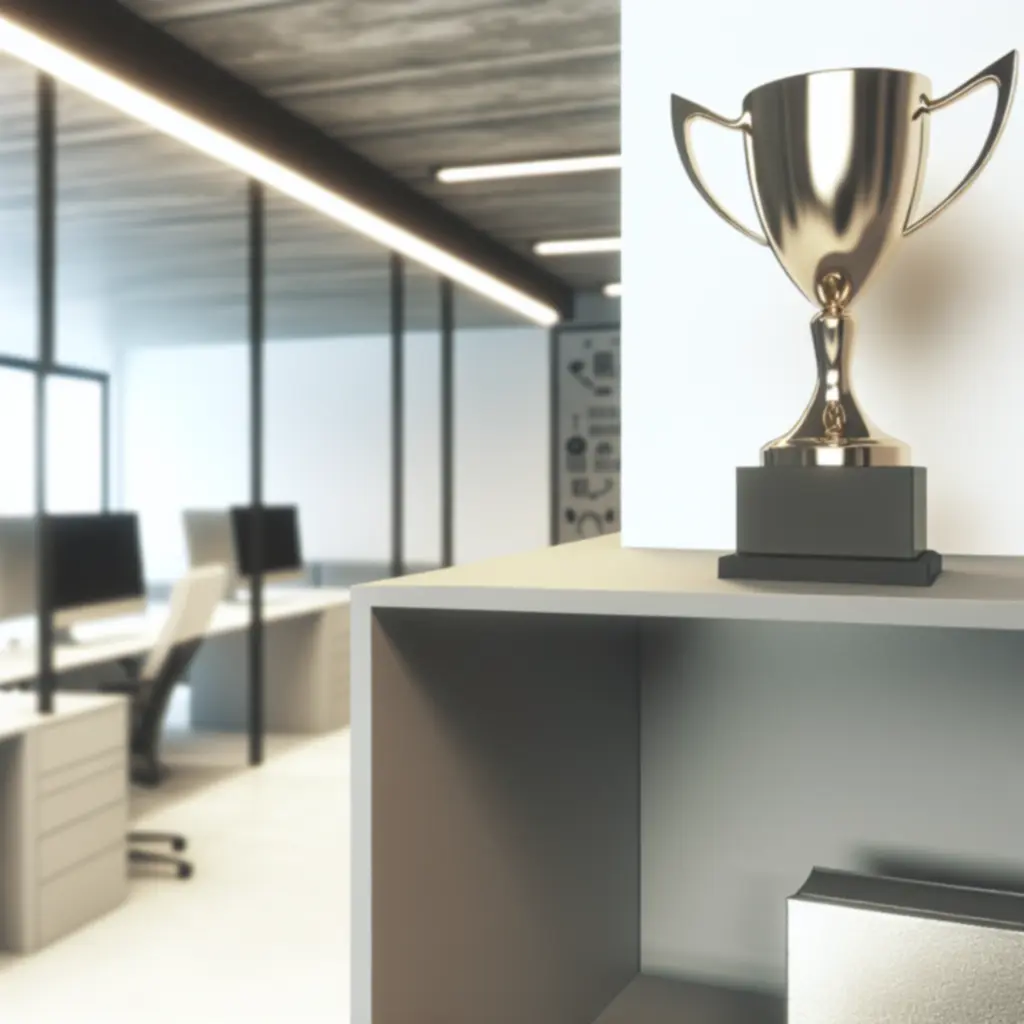 Nowoczesna ekspozycja nagród i wyróżnień za projekty biurowe PolishOfficefit