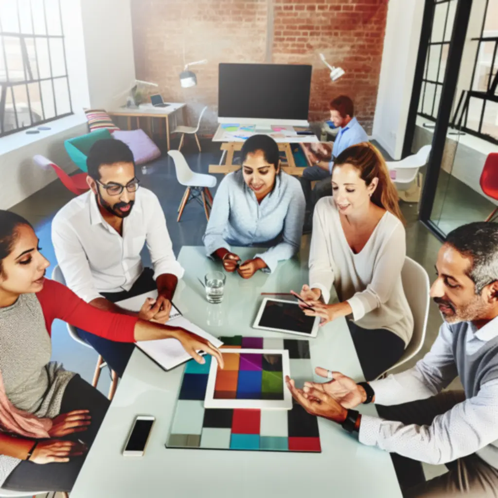 Różnorodny zespół specjalistów współpracujący przy biurkach w nowoczesnym biurze