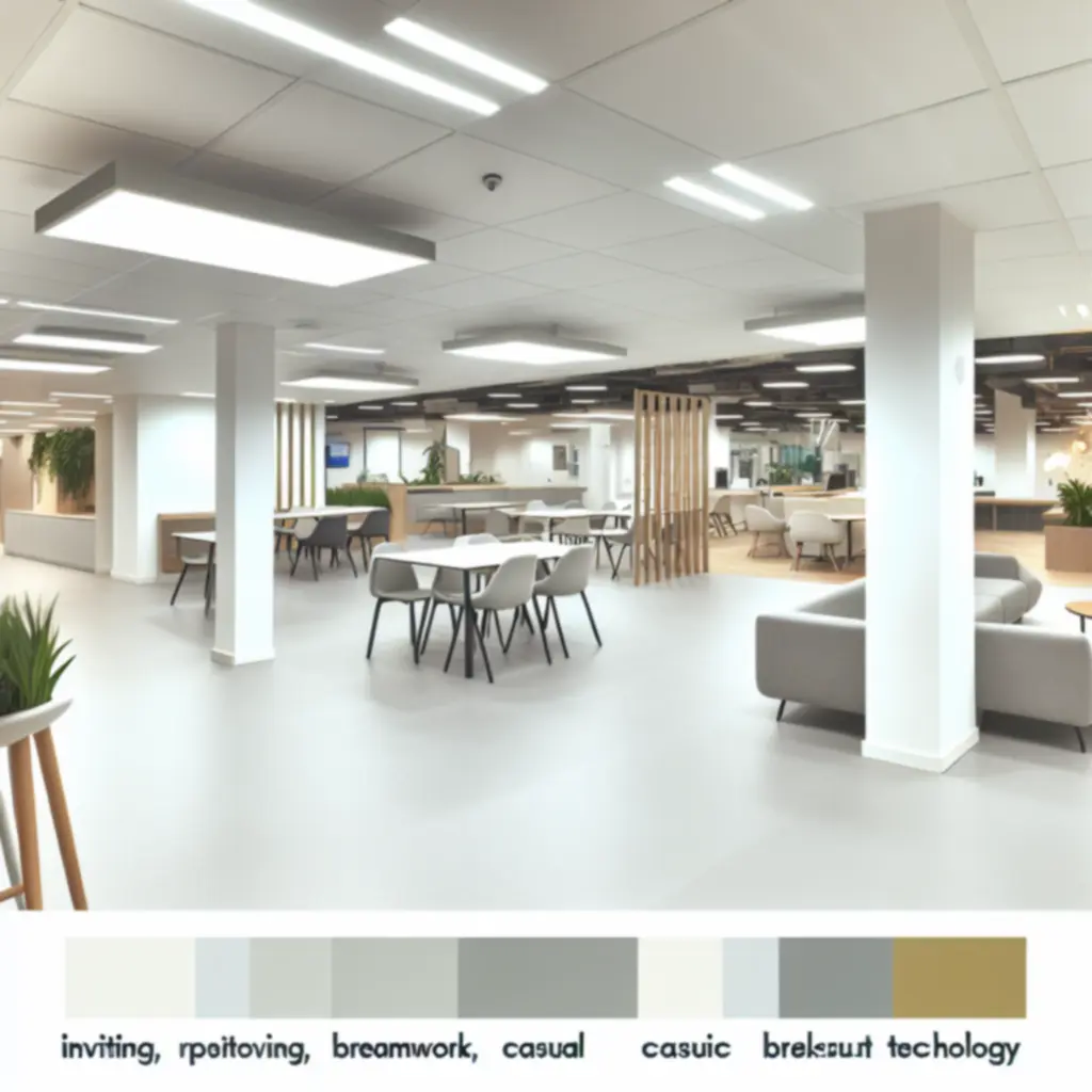 Nowoczesna przestrzeń open space z biurkami, strefą spotkań i dużą ilością naturalnego światła