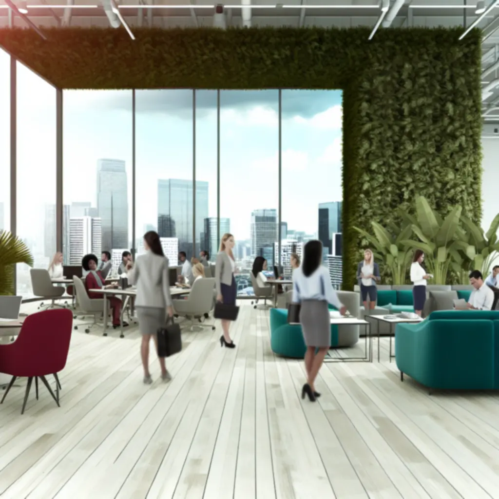 Nowoczesne biuro PolishOfficefit w ciągu dnia z pracownikami przy stanowiskach i w strefie współpracy