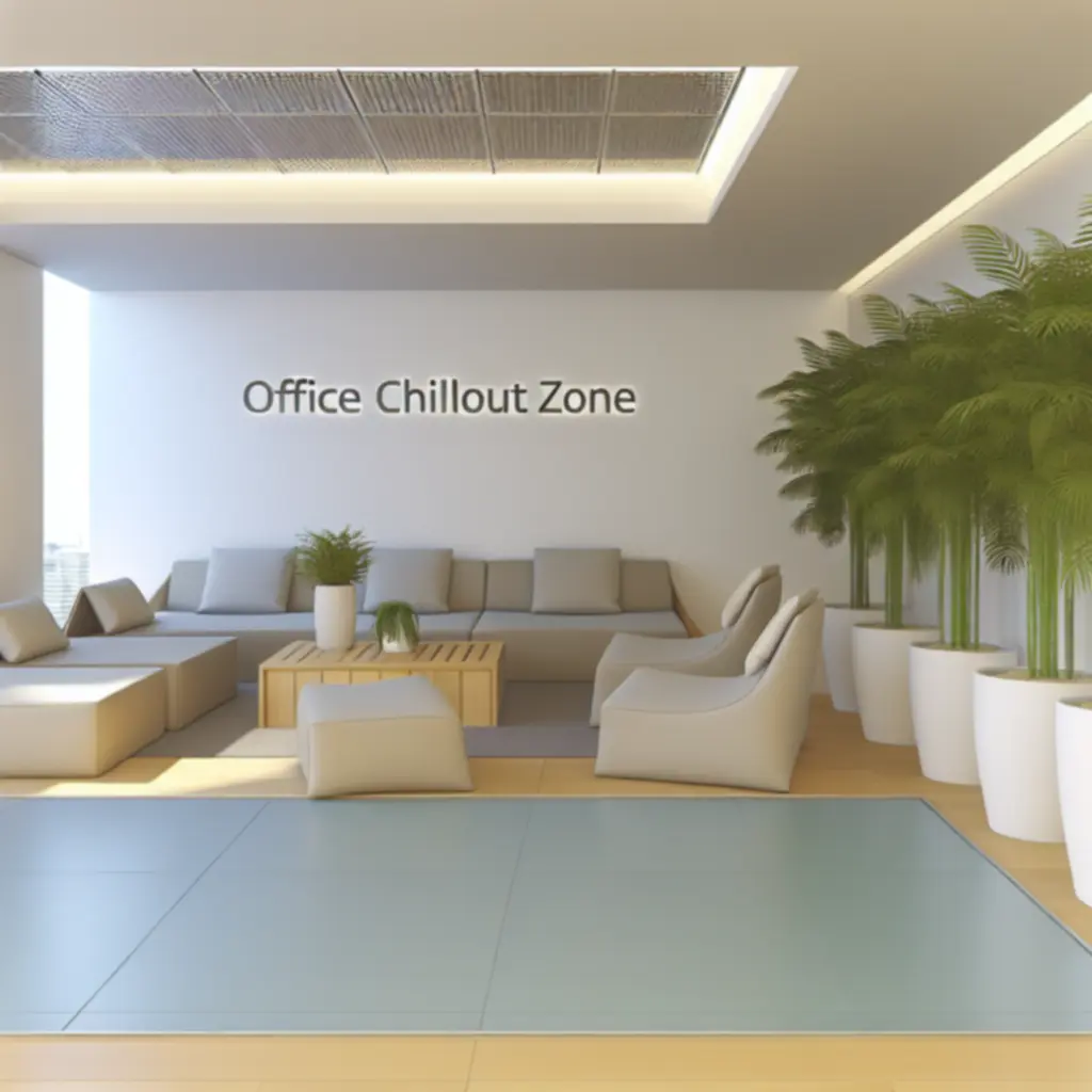 Strefa relaksu w biurze z wygodnymi fotelami, zielenią i nastrojowym oświetleniem