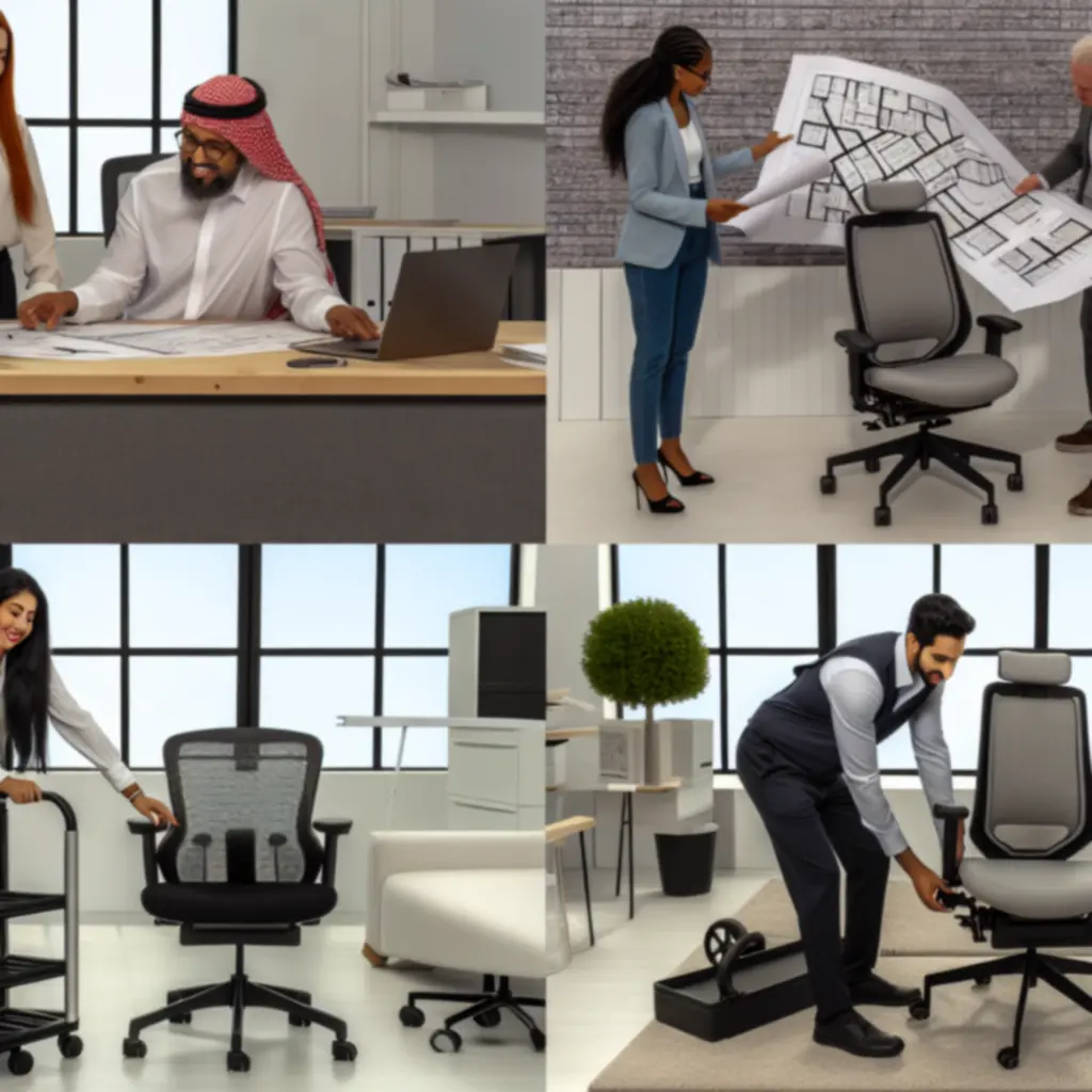 Zespół projektowy omawiający plan nowoczesnej aranżacji biura przy stole z rzutami i laptopami